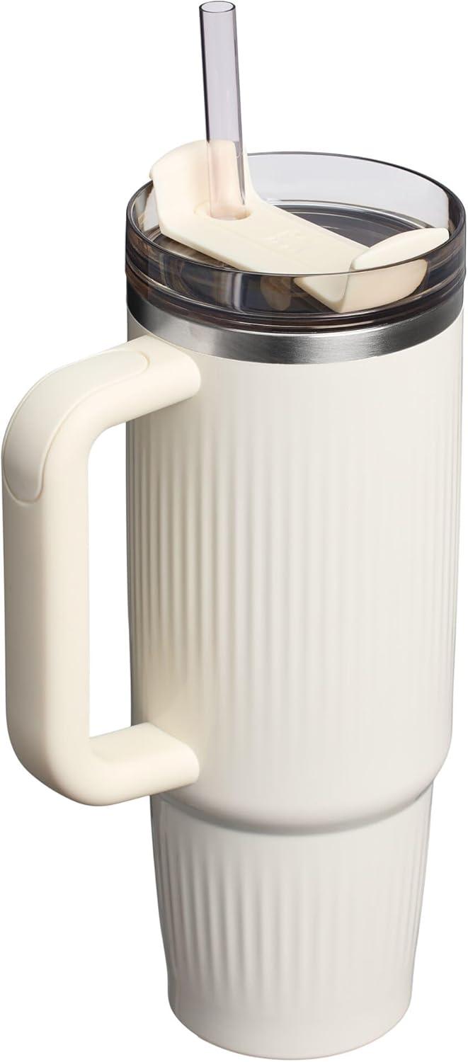imageSTANLEY Quencher H20 Tumbler with Handle and Straw 30 oz Flowstate 3Position Lid Cup Holder Compatible for Travel Insulated Stainless Steel Cup BPAFree Exclusive Toasted AlmondFluted Cream Gloss