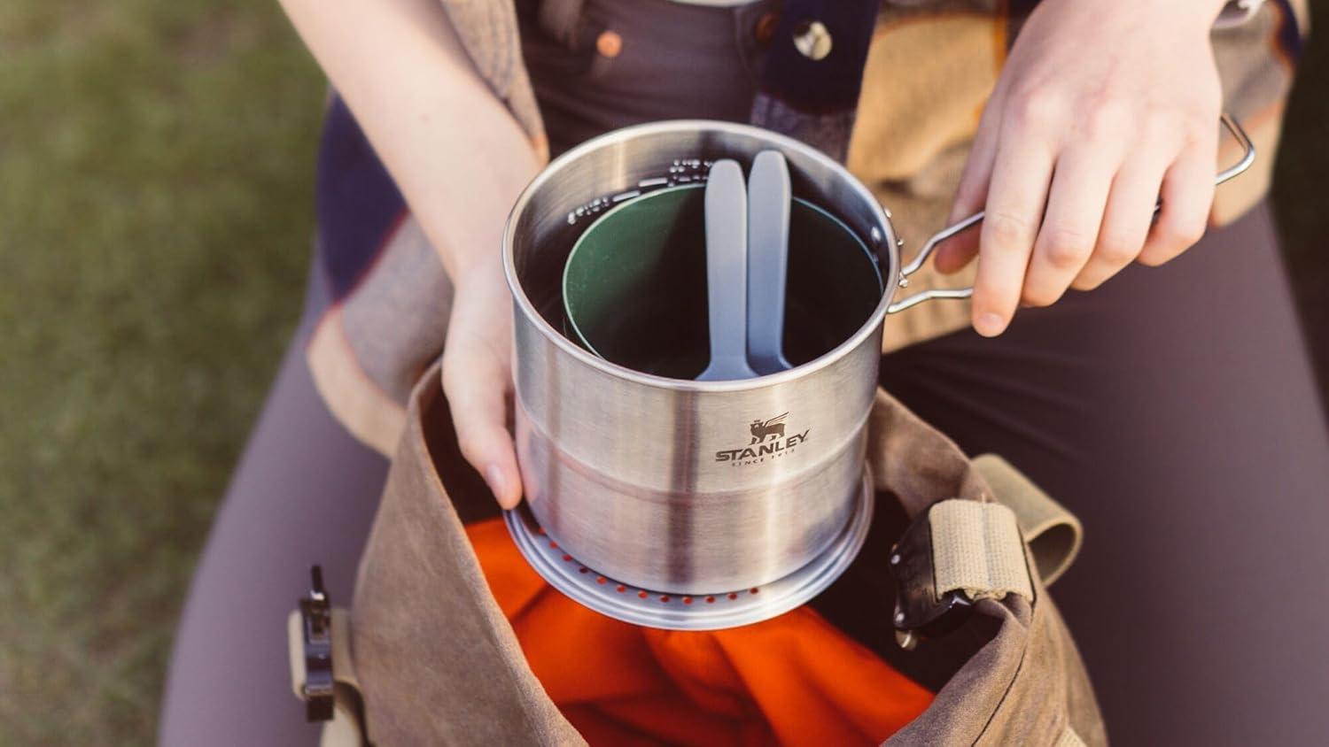 imageStanley Wildfare Go Two Bowl Mess Kit 8pc Portable Pot amp Cookware Set 125qt Stainless Steel Pot wLocking Handle Lid 2 Bowls amp SporksShale Charcoal