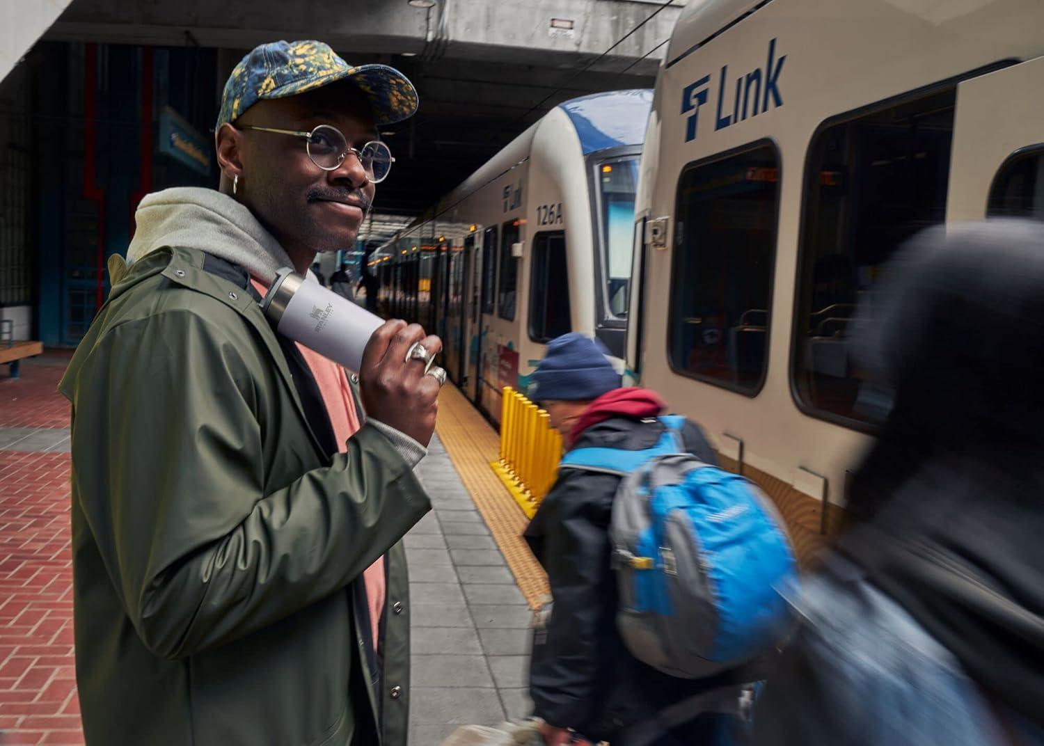 imageStanley AeroLight Transit Bottle 16 oz Locking Drink Through Lid Leak Resistant Water Bottle or Coffee Travel Mug Lightweight Insulated Stainless Steel BPAFree Rose QuartzCloud