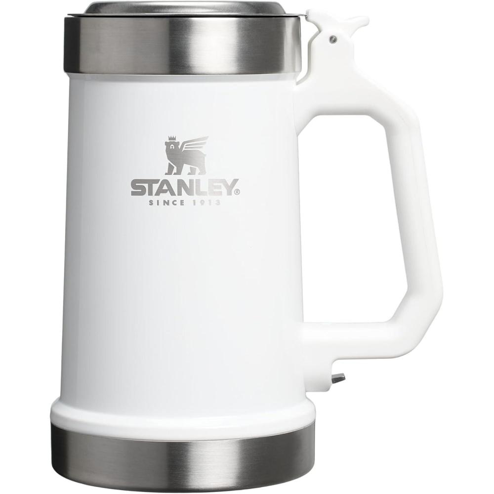 imageSTANLEY Classic Bottle Opener Beer Stein 24 oz Flip Up Lid and Heavy Duty Handle with Built In Bottle Opener Insulated Stainless Steel Beer Mug BPAFree Hammertone GreenFrost Gloss