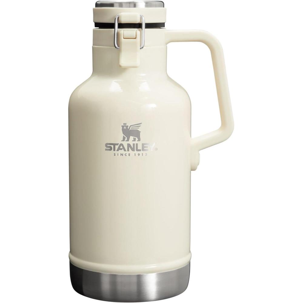 imageStanley Classic EasyPour Growler 64 oz  Keeps Beer Cold or Coffee Hot  Leakproof Steel Lined Lid and Easy to Carry Handle  Insulated Stainless Steel  BPAFree  Black 20Cream Gloss