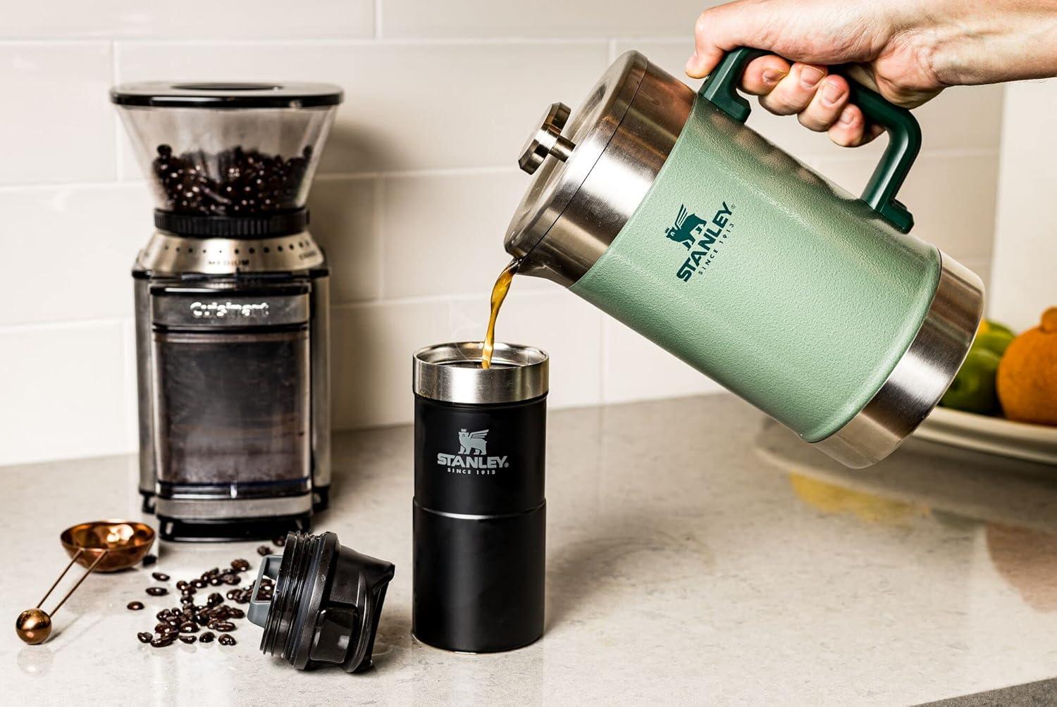 imageSTANLEY Classic StayHot French Press Coffee Maker 48 oz 5 Minute Brew 4 Hours Hot Mesh Filter for Coffee Grounds Insulated Stainless Steel French Press BPAFree Black 20Hammertone Green