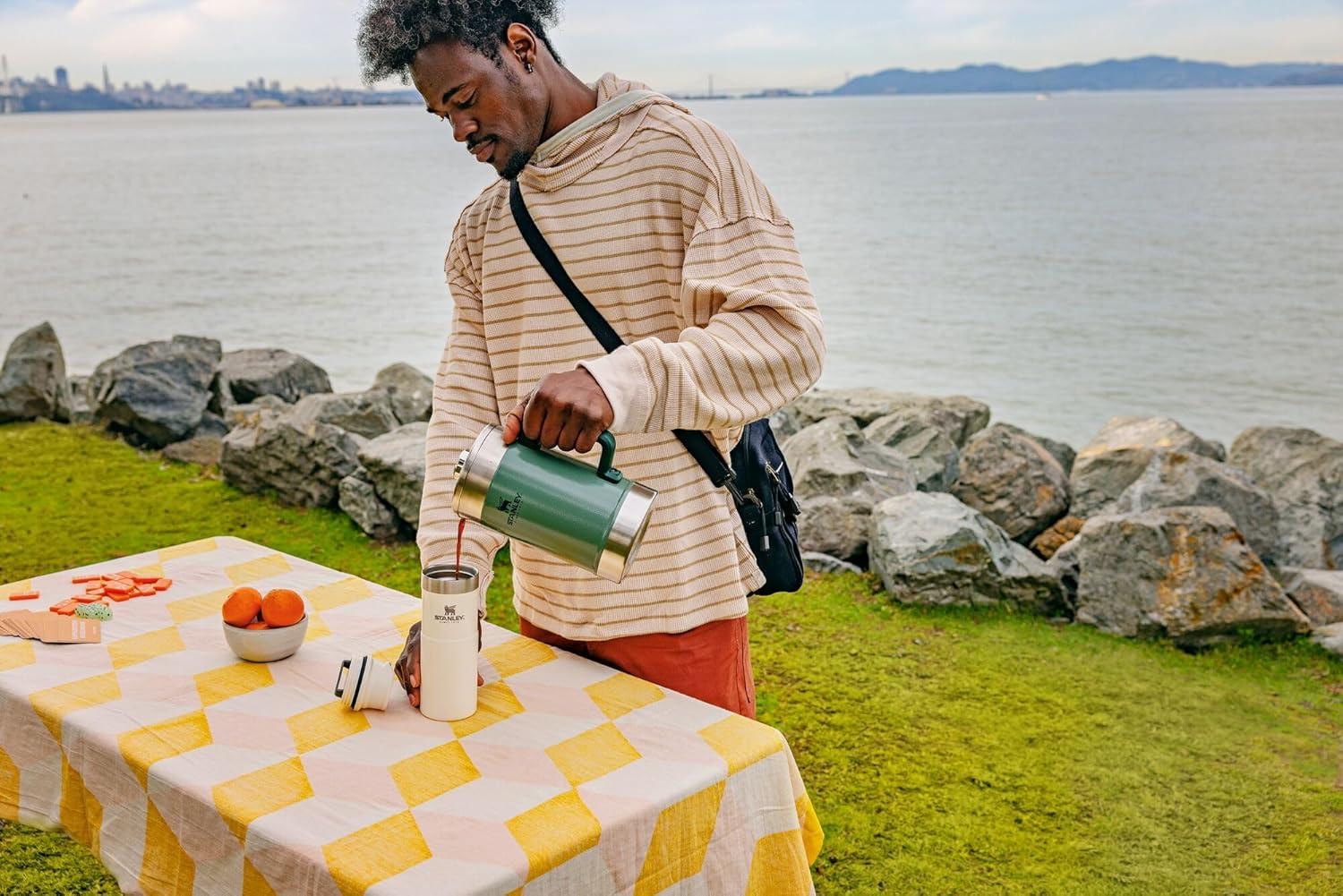 imageSTANLEY Classic StayHot French Press Coffee Maker 48 oz 5 Minute Brew 4 Hours Hot Mesh Filter for Coffee Grounds Insulated Stainless Steel French Press BPAFree Black 20Hammertone Green