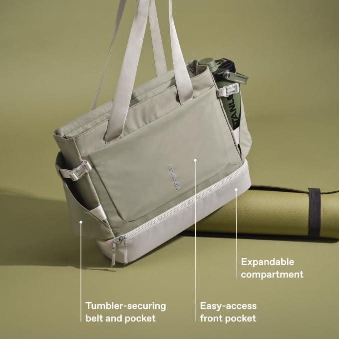 imageSTANLEY Vitalize Macro Method Tote Gym Work amp Travel Bag with Laptop Sleeve Expandable Bottom Compartment Tumbler amp Water Bottle Pockets Durable Recycled Fabric BlackSage Grey