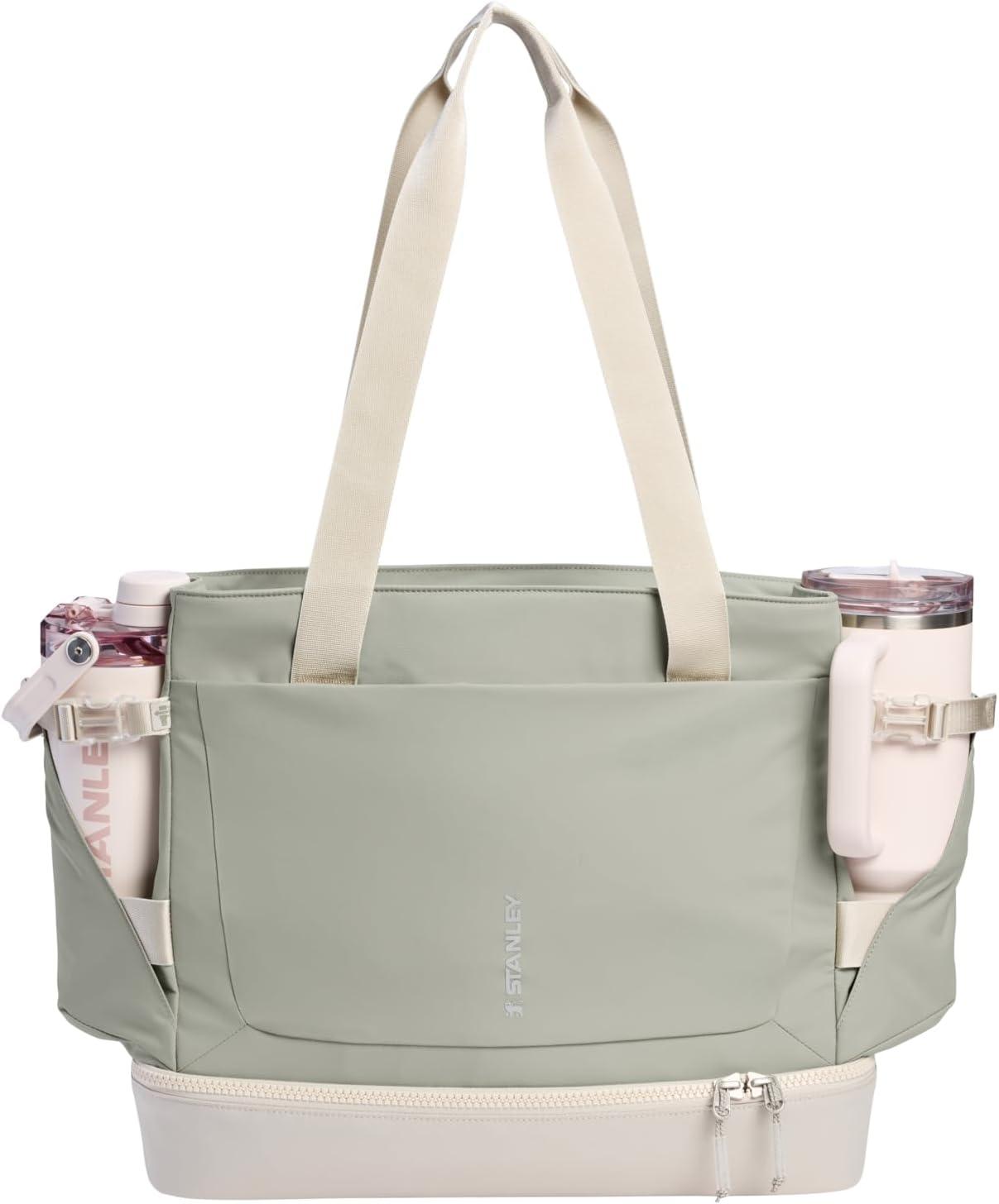 imageSTANLEY Vitalize Macro Method Tote Gym Work amp Travel Bag with Laptop Sleeve Expandable Bottom Compartment Tumbler amp Water Bottle Pockets Durable Recycled Fabric BlackSage Grey