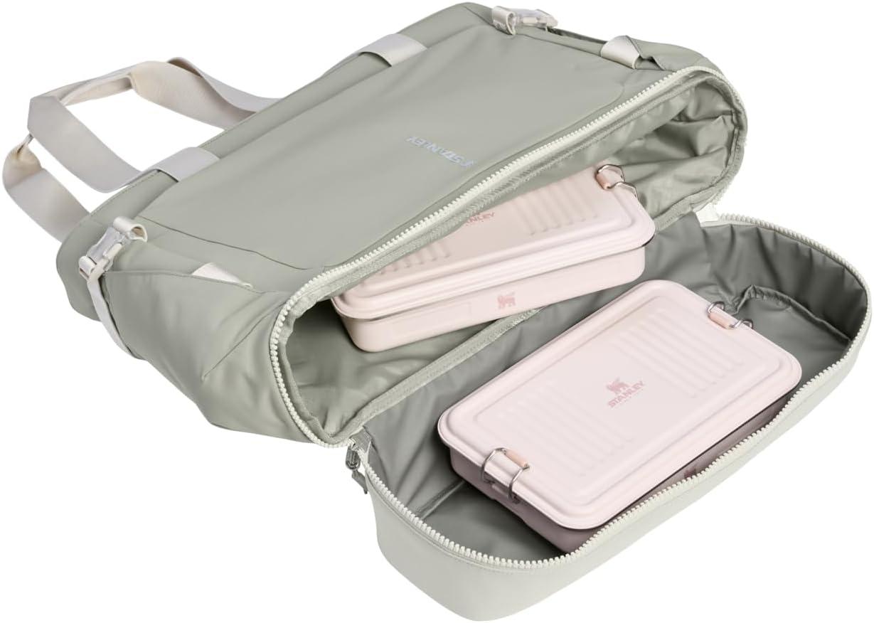 imageSTANLEY Vitalize Macro Method Tote Gym Work amp Travel Bag with Laptop Sleeve Expandable Bottom Compartment Tumbler amp Water Bottle Pockets Durable Recycled Fabric BlackSage Grey