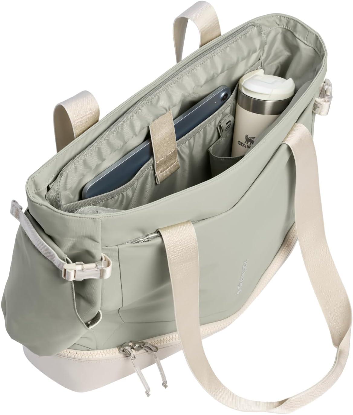 imageSTANLEY Vitalize Macro Method Tote Gym Work amp Travel Bag with Laptop Sleeve Expandable Bottom Compartment Tumbler amp Water Bottle Pockets Durable Recycled Fabric BlackSage Grey