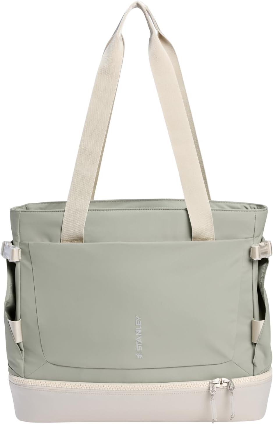 imageSTANLEY Vitalize Macro Method Tote Gym Work amp Travel Bag with Laptop Sleeve Expandable Bottom Compartment Tumbler amp Water Bottle Pockets Durable Recycled Fabric BlackSage Grey