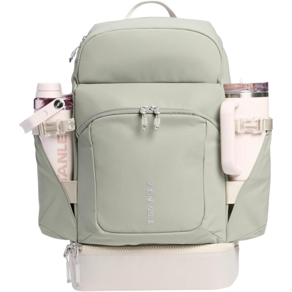 imageSTANLEY Vitalize Macro Method Tote Gym Work amp Travel Bag with Laptop Sleeve Expandable Bottom Compartment Tumbler amp Water Bottle Pockets Durable Recycled Fabric BlackSage Grey